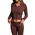thumbnail image 3 of Women Fall 2 Pieces Outfits Solid Color Long Sleeve Zipper-Up Slim Fit Hooded Crop Tops and High Waist Long Pants Set, 3 of 7