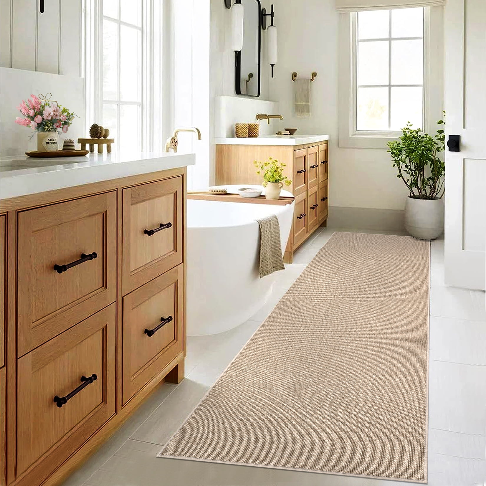 Garvee 2'x6' Modern Solid Color Runner Rug Minimalist Woven Textured Carpet, Washable Rug Non Slip Low Pile Indoor Mats for Hallway Bedroom Kitchen, Camel
