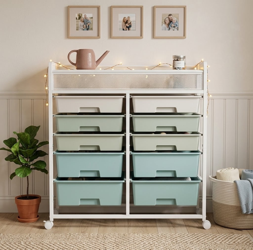 2-Row 10-Drawer Rolling Storage Cart, Metal Mesh Top Utility Organizer with Lockable 360° Wheels, PP Plastic Drawers for Kitchen Bathroom Bedroom Office