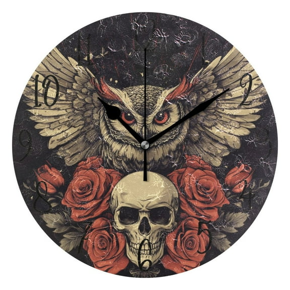 WOBOGO Owl Holding Skull Pattern Wall Clock 10in Silent Mechanism Battery Operated Retro Style for Living Room Bedroom and Kitchen Black Pointer