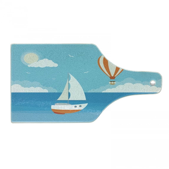 Hot Air Balloon Cutting Board, Boat Holiday Sea Sky Transporation, Decorative Tempered Glass Cutting and Serving Board, in 3 Sizes, by Ambesonne
