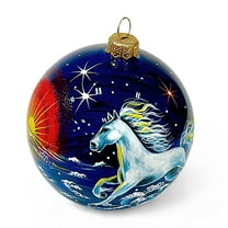 STP Goods White Horse Glass Christmas Ball Ornament with Panoramic Design 3.9" (10 cm) Hand-Painted Christmas Tree Ornament Collectible Christmas Tree Hanging Decoration, Symbol of 2026, Blue Red