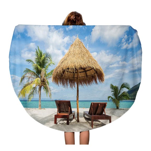 SIDONKU 60 inch Round Beach Towel Blanket Goa Vacation in Tropical Countries Beach Chairs Umbrella Travel Circle Circular Towels Mat Tapestry Beach Throw