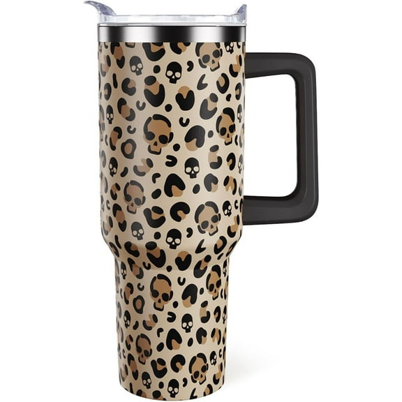 40oz Halloween Tumbler - Spooky Skeleton Skull Design with Leopard Print, Includes Lid & Straw - Goth Gothic Gift for Women & Men