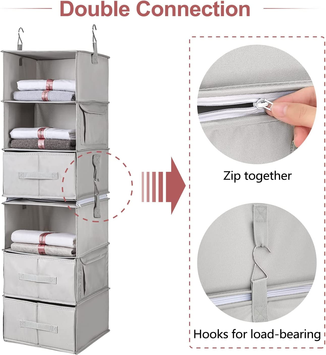 Hanging Closet Organizer 6-Shelf, Yecaye Two Separable 3-Shelf Hanging  Shelves for Closet with 3 Divisible Drawers 4 Side Pockets, Gray