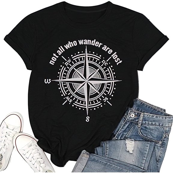 Womens Graphic T-Shirt Not All Who Wander are Lost Funny Tees for Women Summer Casual Top Shirts Black Medium