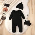 thumbnail image 5 of CUZIBR 2 Piece Baby Boys Halloween Skeleton Costume Set Long Sleeve Bone Print Jumpsuit Snap Crotch Romper With Letter Knit Beanie Hat Toddler Infant Party Outfit,Black,0-3 Months, 5 of 8