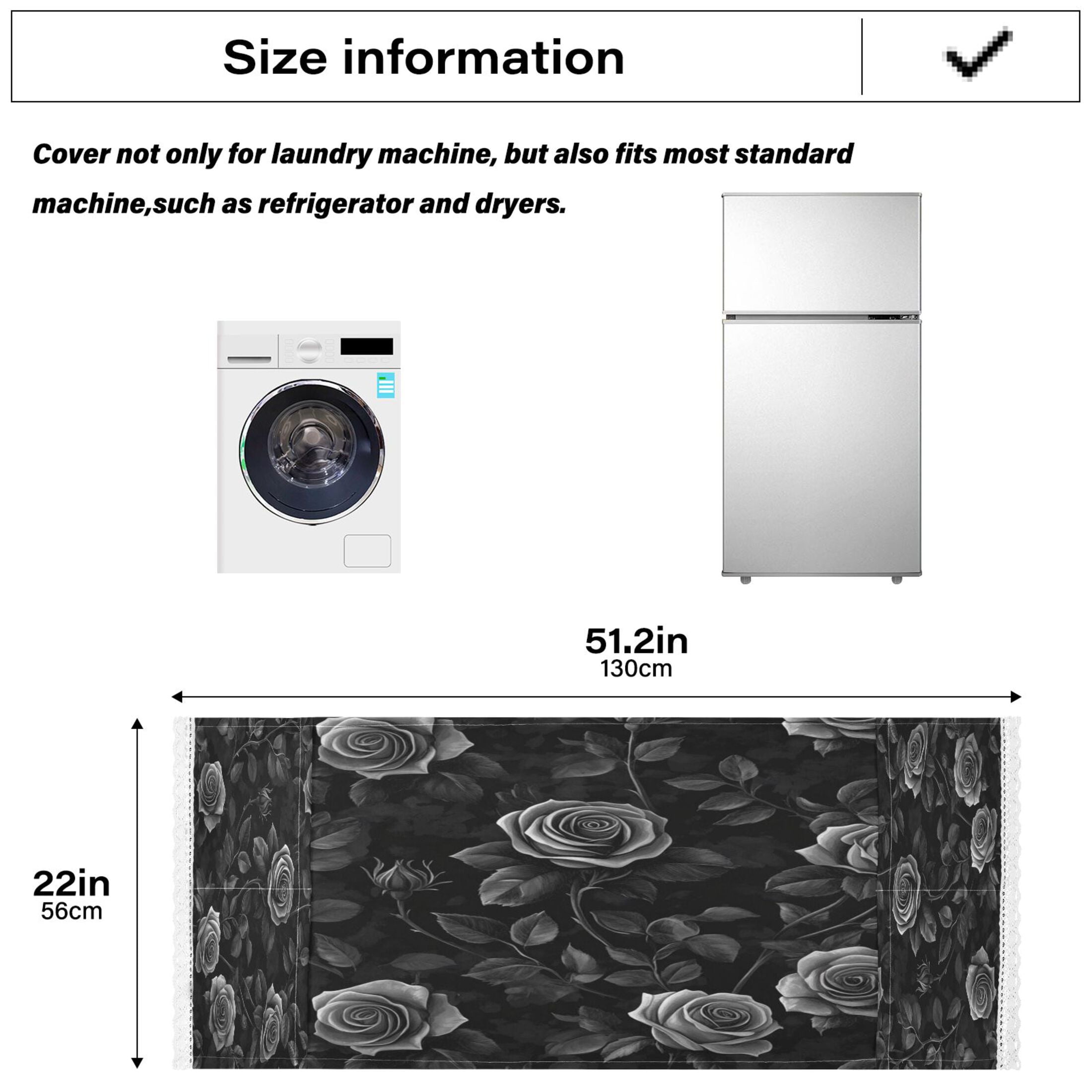 Black RoseWasher and Dryer Covers Dust-Proof and Oil Resistant Fridge Cover with 4 Storage Pockets Washing Machine Top Cover for Laundry Kitchen Home 51.2 x 22 In