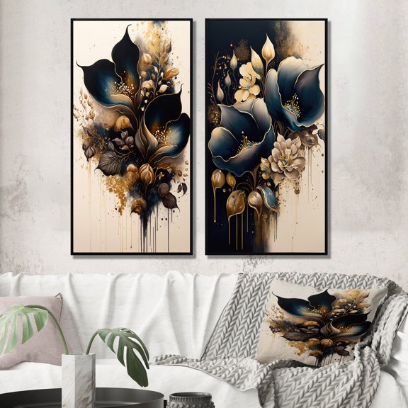 Designart "Deep Blue Calla Lilies in Bouquet I" Calla Lily Framed Wall Art Set Of 2 - Blue Floral Framed Canvas Set For Living Room Decor