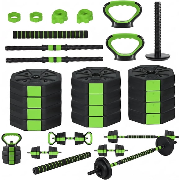 Adjustable Dumbbell Set – 4-in-1 66 lb – Converts to Barbell, Kettlebell & Push-Up Stand – Iron Handle – Home Gym – Free Weight – Compact – Black & Green