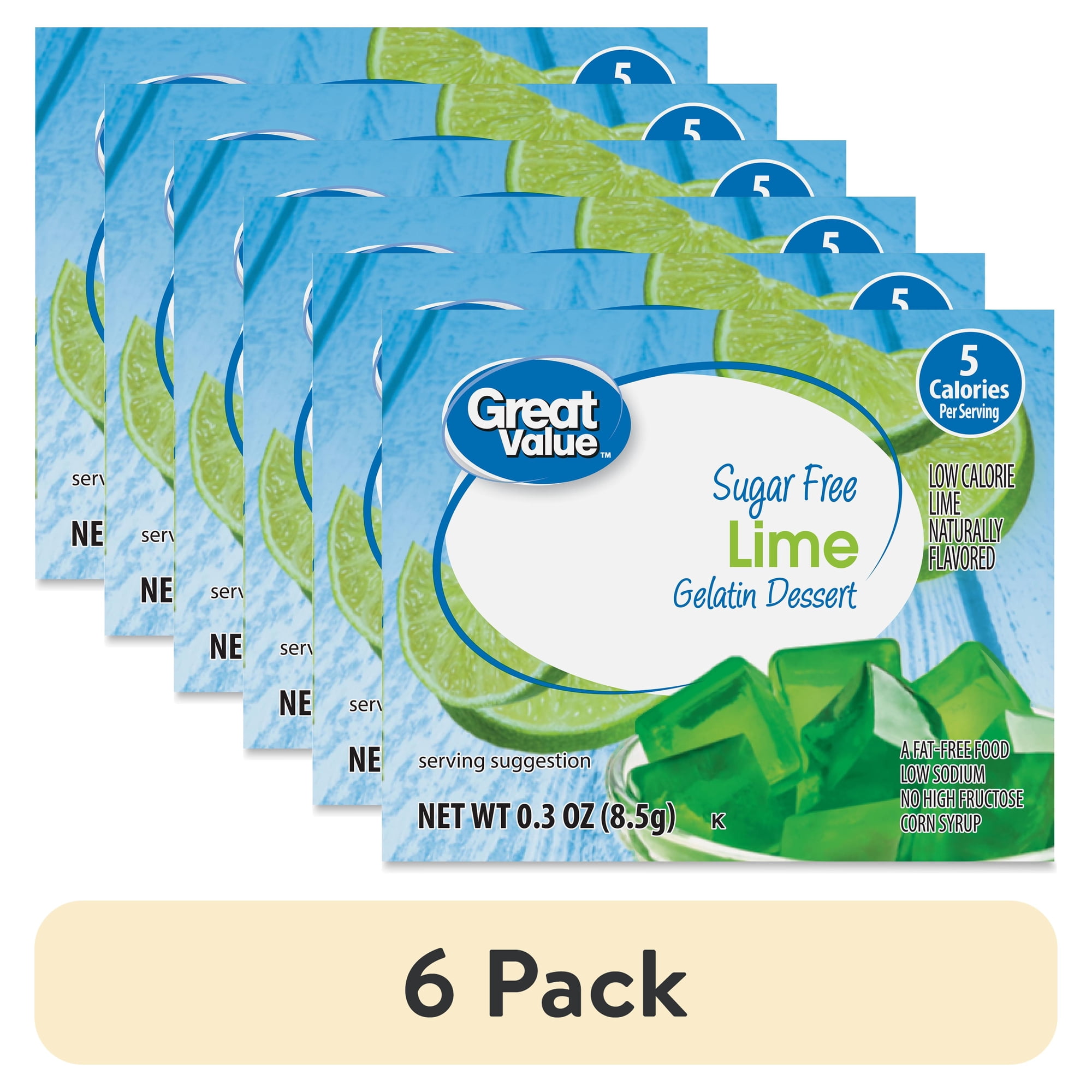(6 pack) Great Value Sugar Free Lime Gelatin Dessert, 0.3 oz, 4 Servings per Box