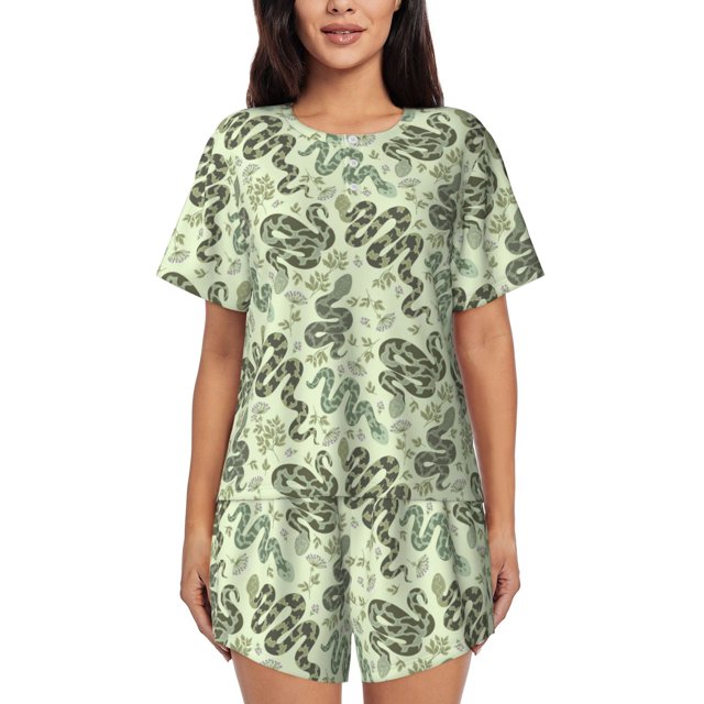 Fotbe Green Snake Conjunto de Pijama Estampado para Mujer, 2 Piezas, Ropa de Dormir con Camiseta de Manga Corta y Shorts Suaves-X-Large