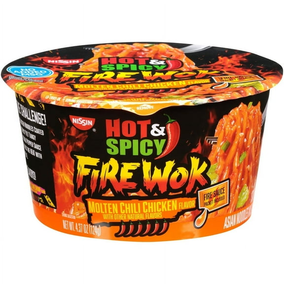 Nissin Foods Hot & Spicy Fire Wok Stir Fry Asian Noodles, Molten Chili Chicken Flavor, 4.37 oz Bowl, Shelf-Stable