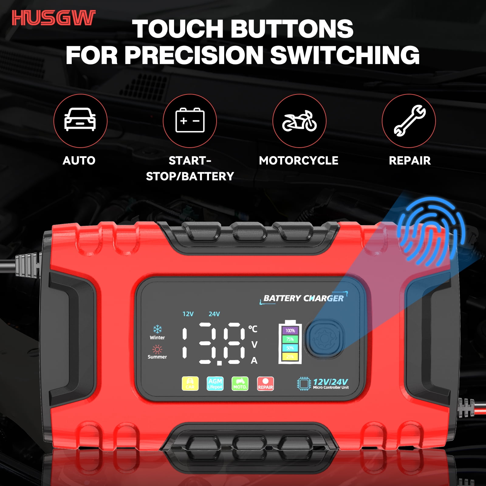 HUSGW Battery Charger 12V10A/24V5A Fully-Automatic Smart Car Battery Charger, Battery Maintainer Trickle Charger, Compatible with Lead-Acid & LiFePO4 ,AGM, STD, Gel, Deep Cycle Batteries