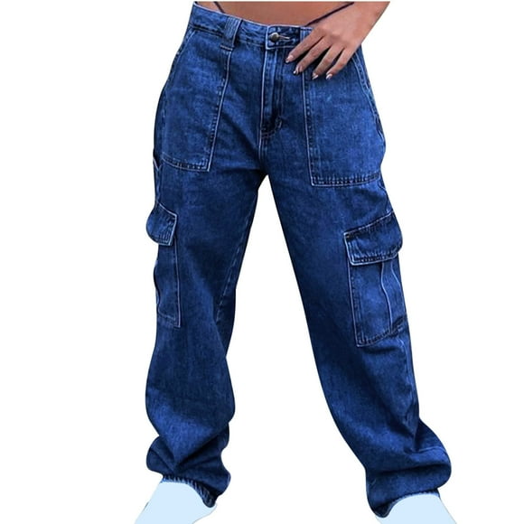 Timegard Denim Cargo Pant for Women Baggy Wide Leg High Waist Jean Pants Stretchy Button Casual Trousers with Pockets