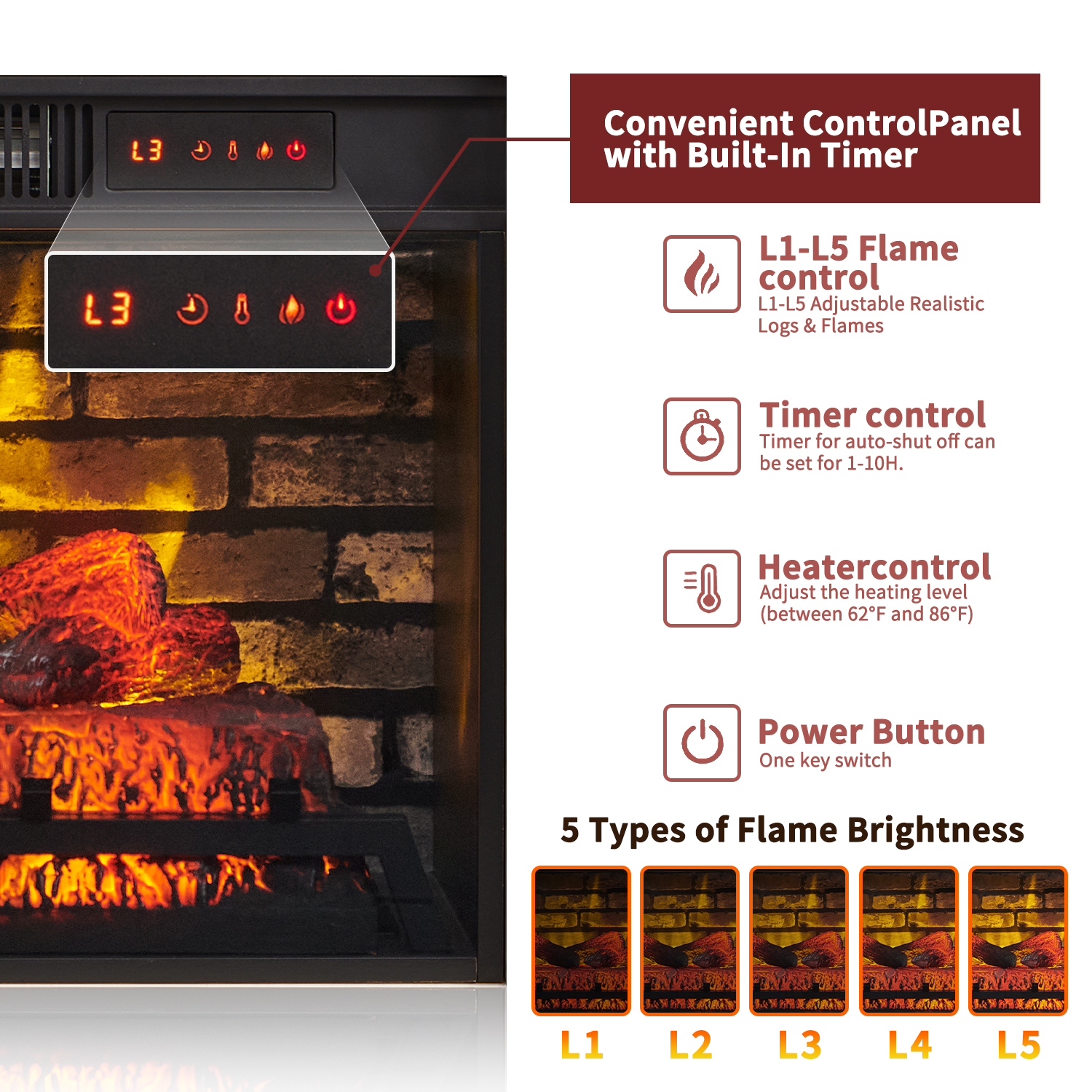 SinCiDo Electric Fireplace with Mantel for 42" TV Stand, Remote Control, Adjustable Flame, 1400W