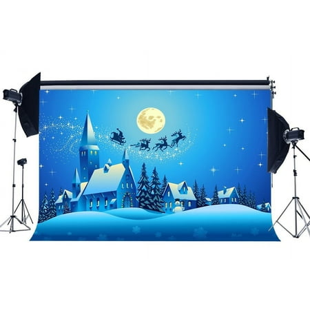 Image of HelloDecor 7x5ft Photography Backdrop Merry Christmas Snowman Snowflakes Bokeh Glitter Castle Santa Ride Moon Night Xmas Backdrops for Baby Kids Happy New Year Background Photo Studio Props