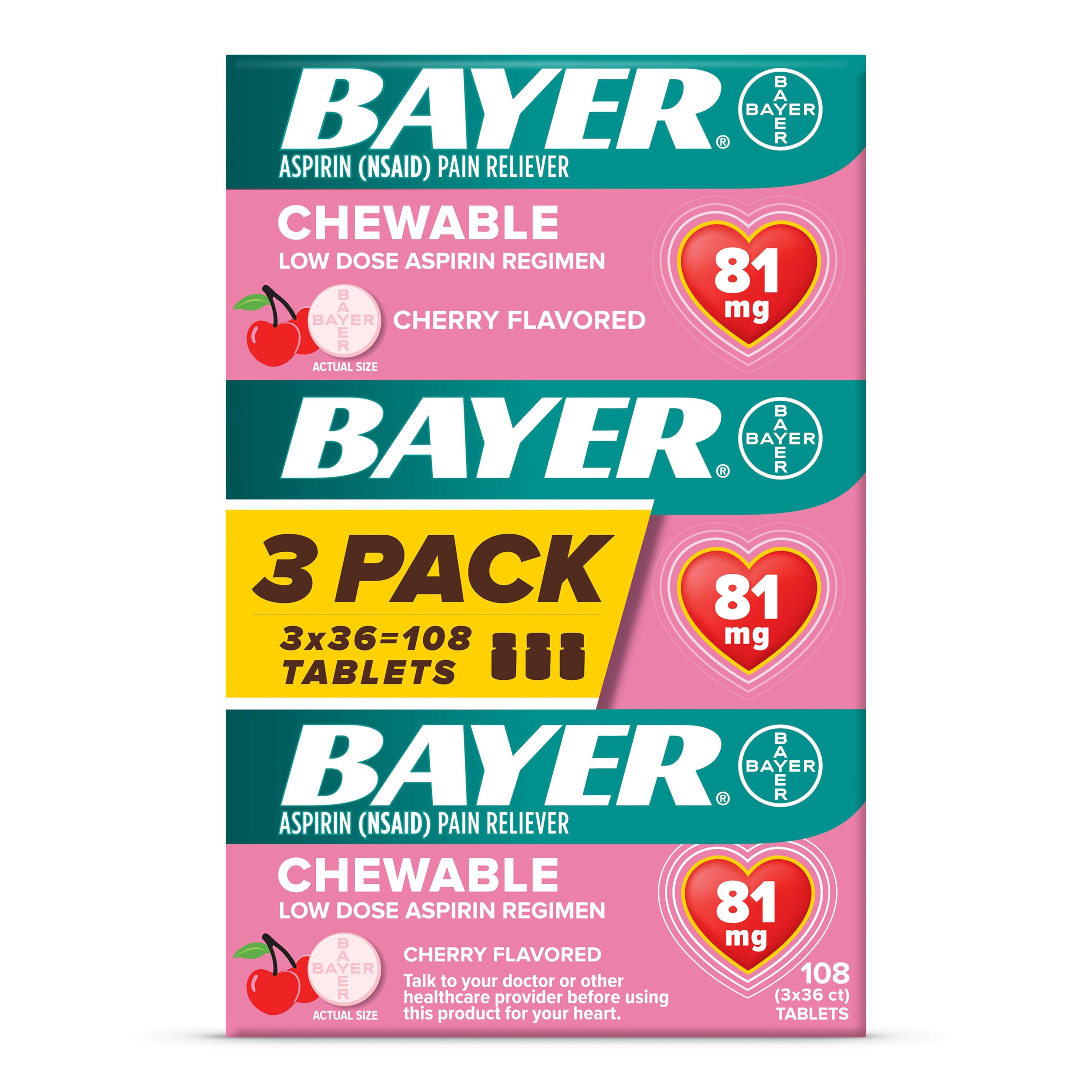 (3 pack) Bayer Chewable Aspirin Regimen Low Dose Pain Reliever Tablets, 81mg, Cherry, 108 Count