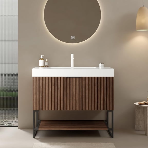 36"Bathroom Vanity with Sink Combo, Modern Plywood Striped Storage Cabinet with Drawer and Open Shelf, Freestanding Bathroom Vanities, Pre-Assembled, Retro Walnut