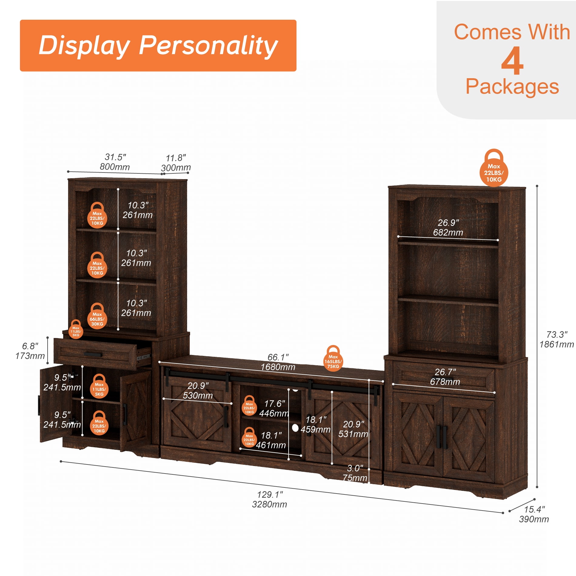 WAMPAT Farmhouse Entertainment Center with Bookshelf for TVs up to 75",Mid Century Modern TV Stand with 73"H Tall 5-Tier Bookcase with Open Storage and Barn Doors for Living Room,Bedroom,Rustic Brown