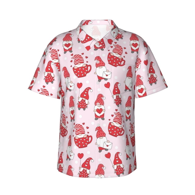 Balery Valentine Gnomes Camisas hawaianas de manga corta para hombre, camisas playeras de corte holgado, camisas de vacaciones con botones,Small