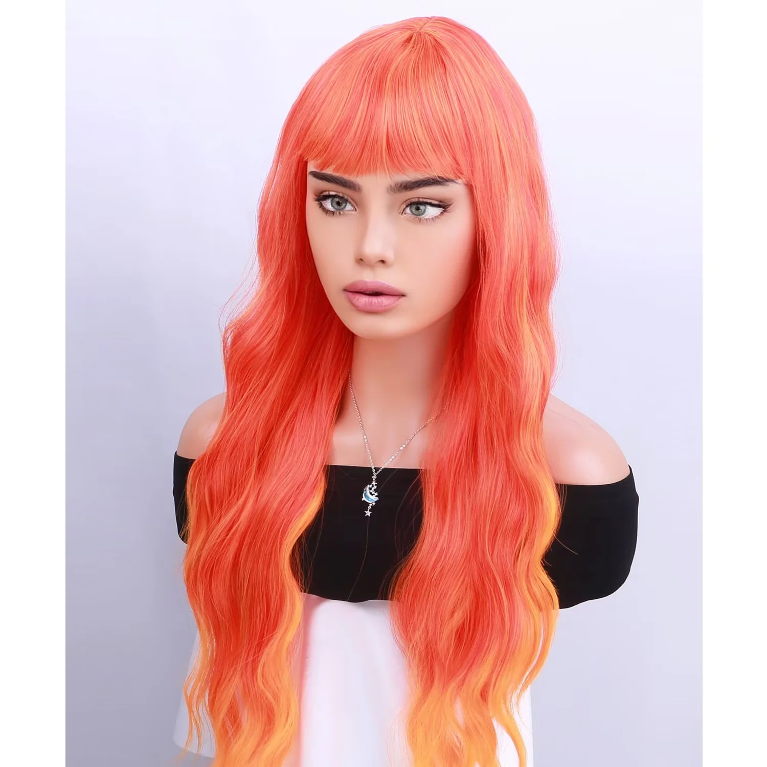 RightOn 28 Inches Mixed Orange Wig With Bangs Wig for Women Daily Use