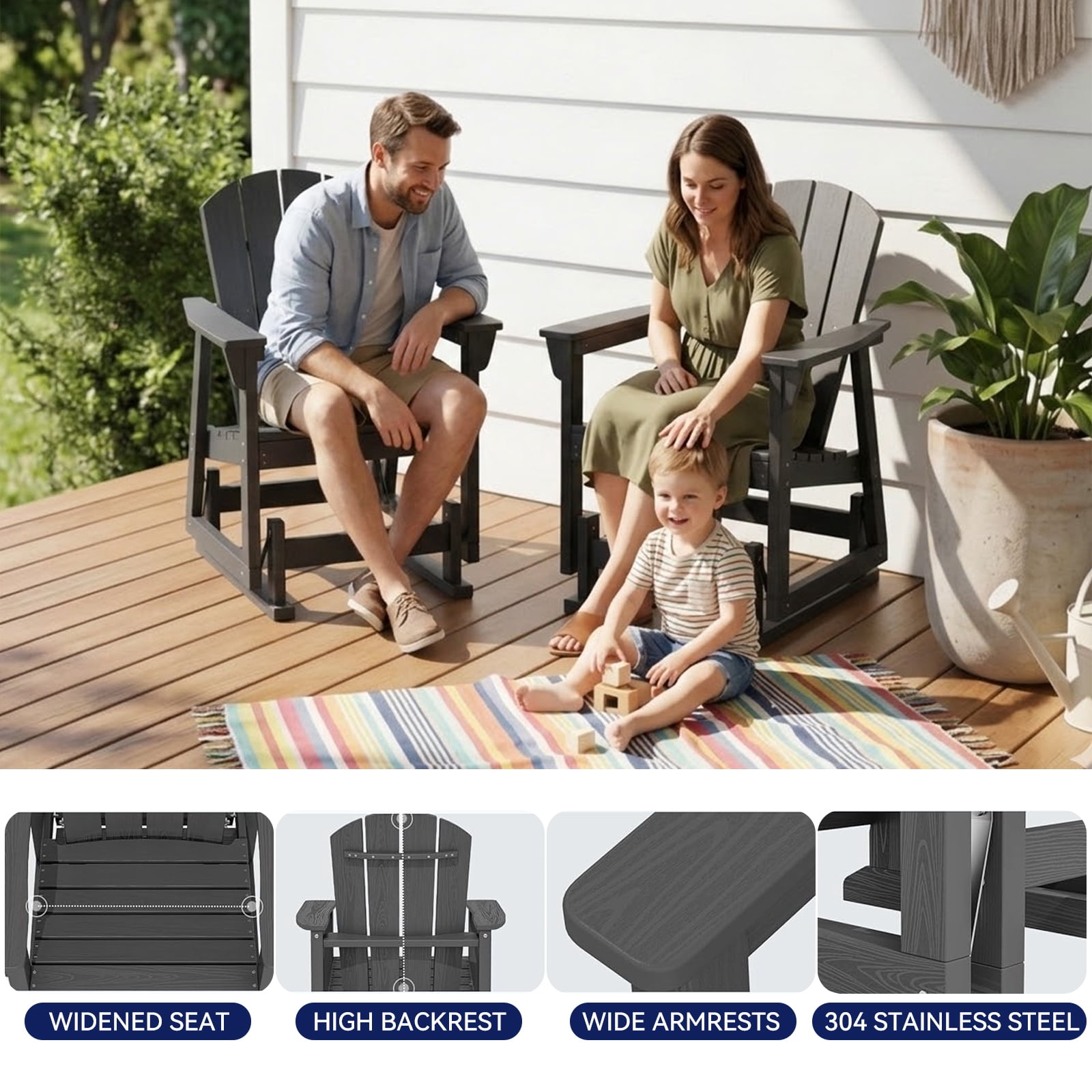 BaPiPro HDPE Adirondack Outdoor Glider Chair, Ergonomic High Back Wide Armrests All-Weather Patio Rocking Chair for Lawn Garden Porch Backyard, Black
