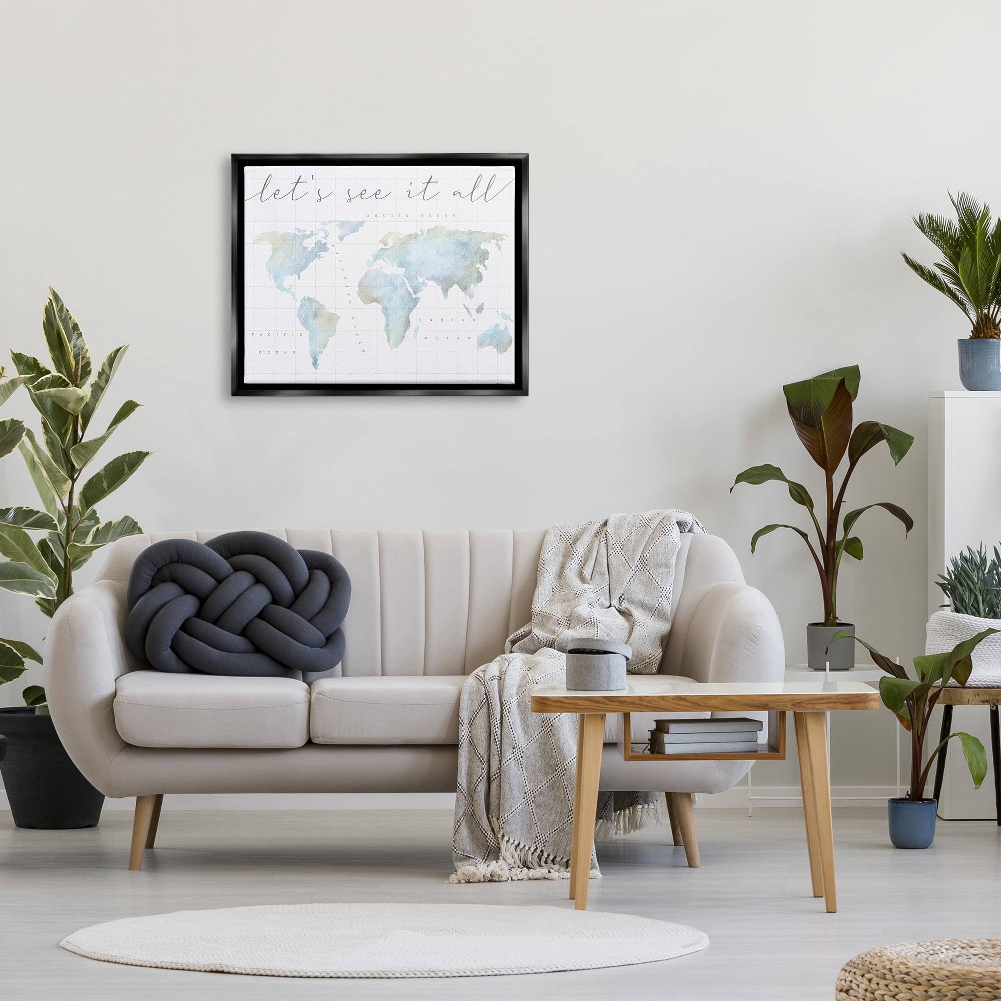 Stupell Industries Let's See It All World Map Typography Painting Black Floater Framed Art Print Wall Art
