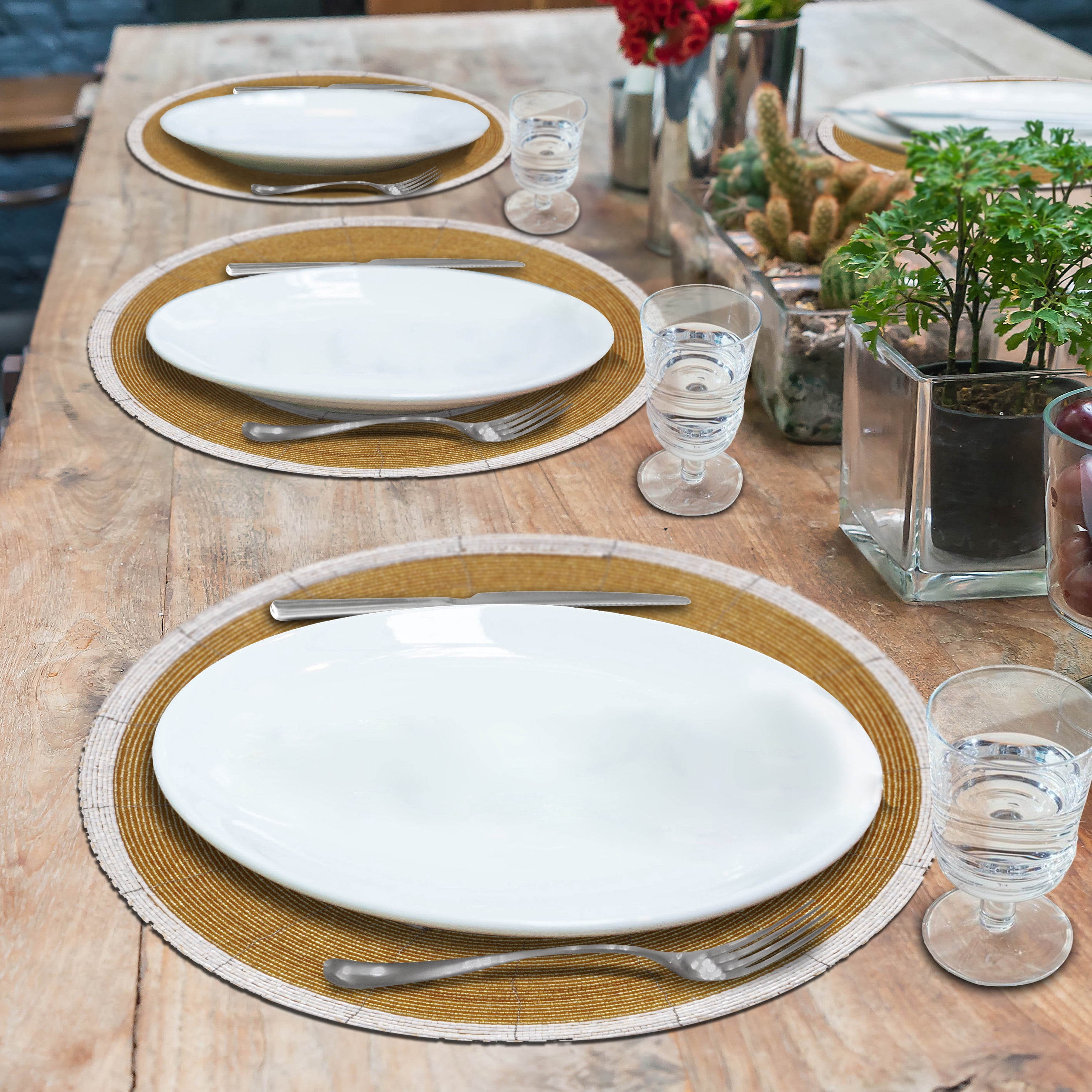 Beaded Placemats Set of 8 for Dining Table, Table Placemats, 14 Inches Round - Gold Ivory
