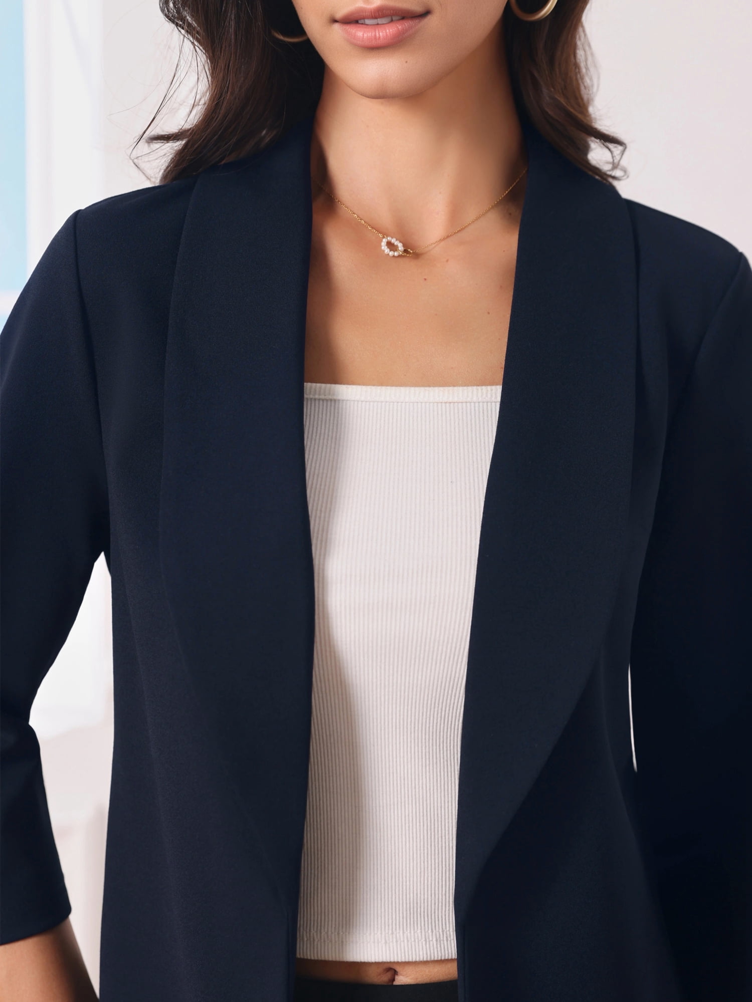 DARING DIVA Women's Open Front Lightweight Cardigan Shawl Collar Blazer L Dark Blue