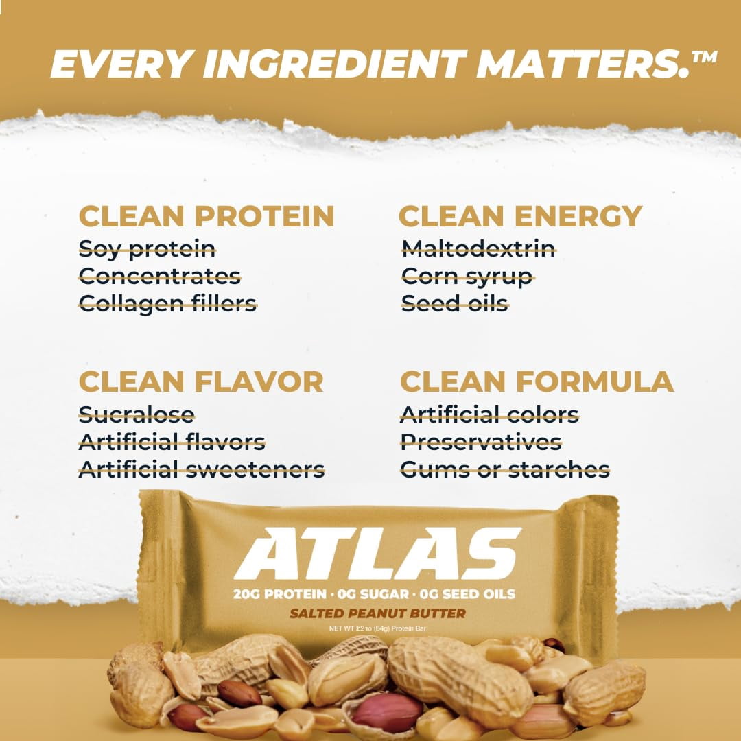Atlas Protein Bar, Salted Peanut Butter, 20g Protein, 1g Sugar, 0g Seed Oils, 0g Artificial Sweeteners, 12-Pack