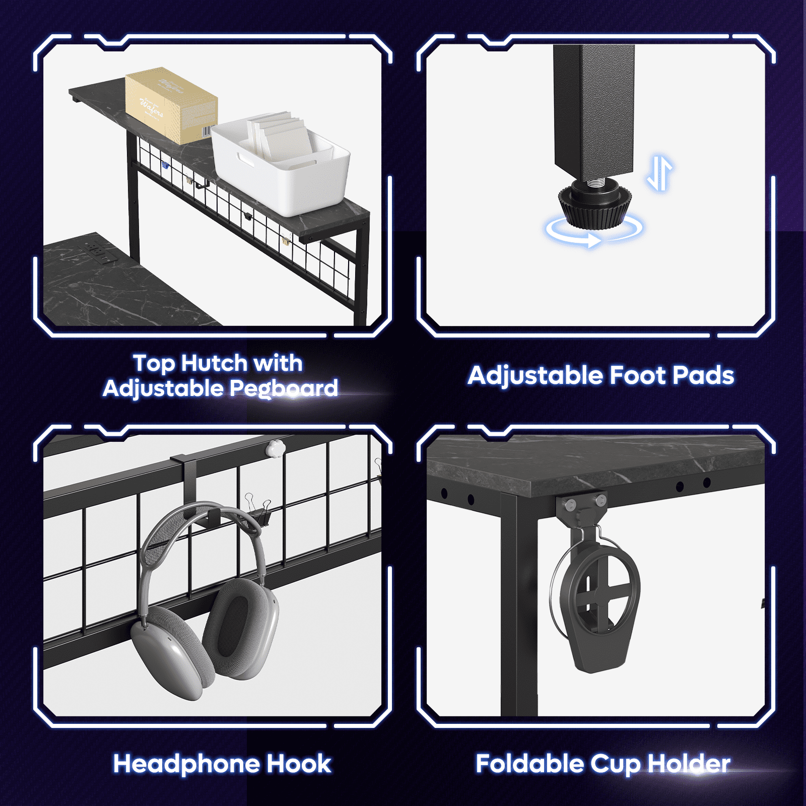 Bestier 51 L Shaped Gaming Desk with Power Outlets, LED Workstation with 4 Tiers Shelves for Home Office, Gamer Reversible Table with Hooks and Cup Holder, Black Marble