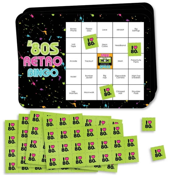 Big Dot of Happiness 80's Retro - Bar Bingo Cards and Markers - Totally 1980s Party Bingo Game - Set of 18