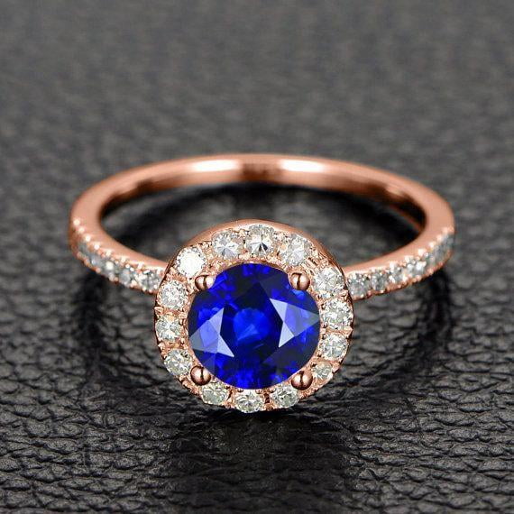1.75 Carat 6mm Round Cut Blue Sapphire And Moissanite Diamond Engagement Ring in 10k Rose Gold for Women on Sale