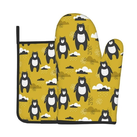 

KLL Cartoon Bear Yellow Pattern Oven Mitts and Pot Holders 2pcs Sets for Kitchen Oven Mitt Heat Resistant 536°F Oven Gloves for Kitchen Cooking and Baking