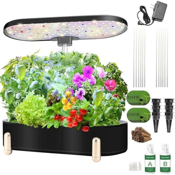 Hydroponics Growing System Indoor Garden 12 Pods Plant Germination Kit Aeroponic Herb Vegetable Growth Lamp Countertop with LED Grow Light (Black)$$Garden & Patio