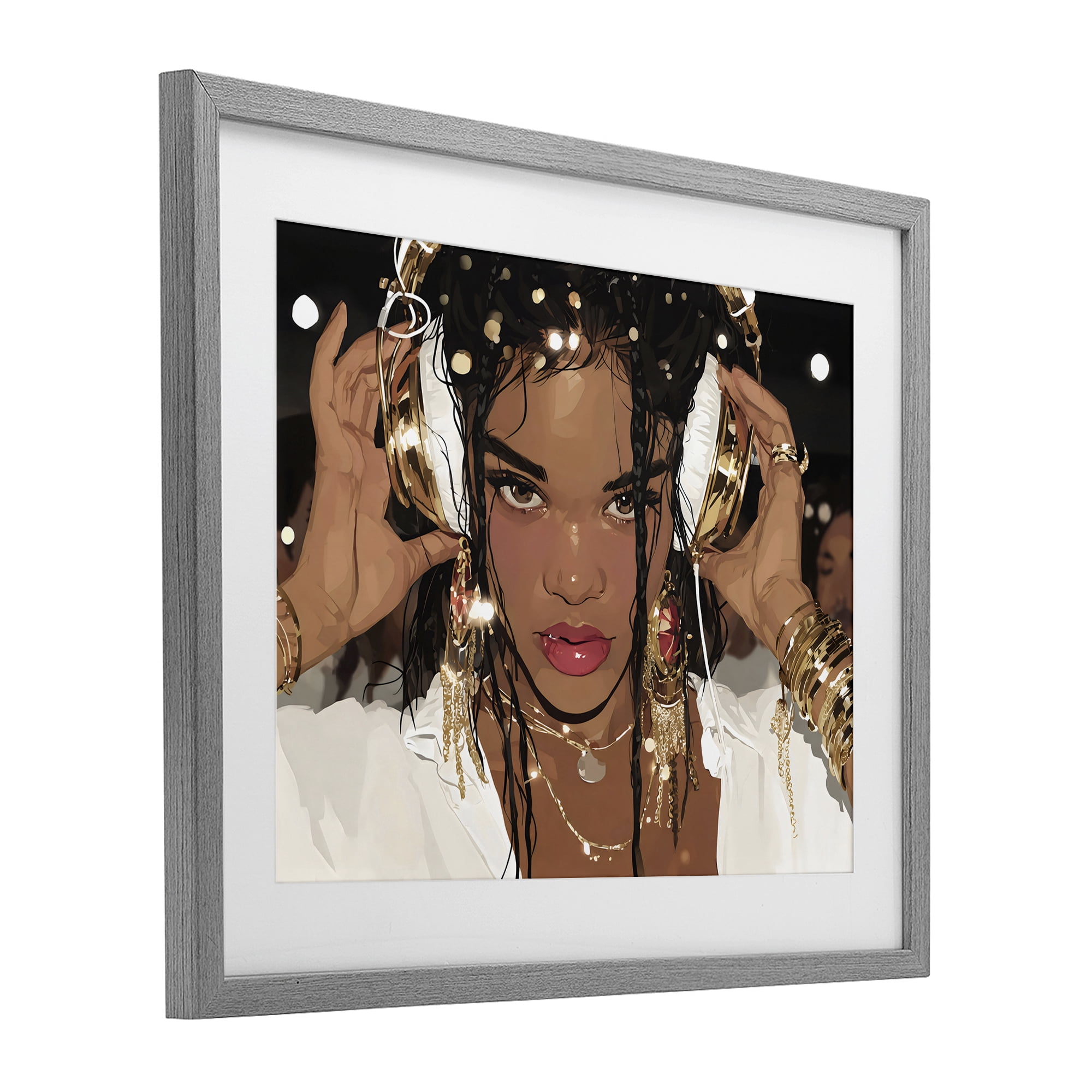 Stupell Industries Gold Headphones Glam Female Gray Framed Print Under Glass, design by Franklyn Gregory
