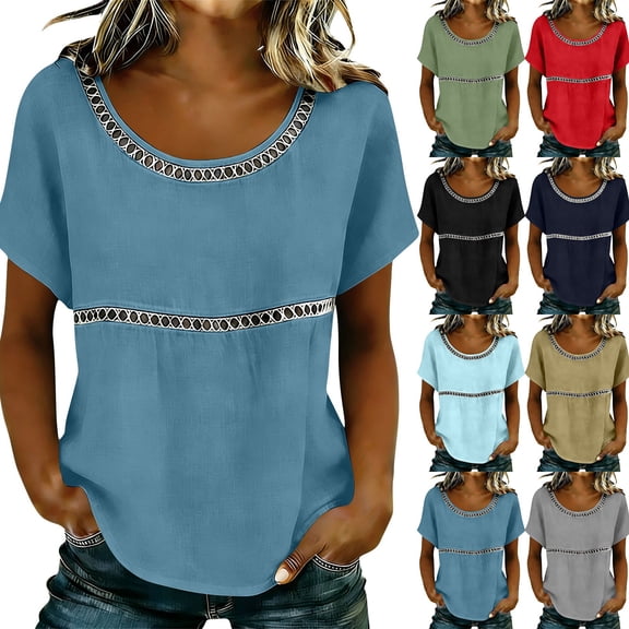 Delayuji Women's Linen Tshirt Crew Neck Short Sleeve Casual Tee Soft Comfy Versatile Top Summer Daily Wear