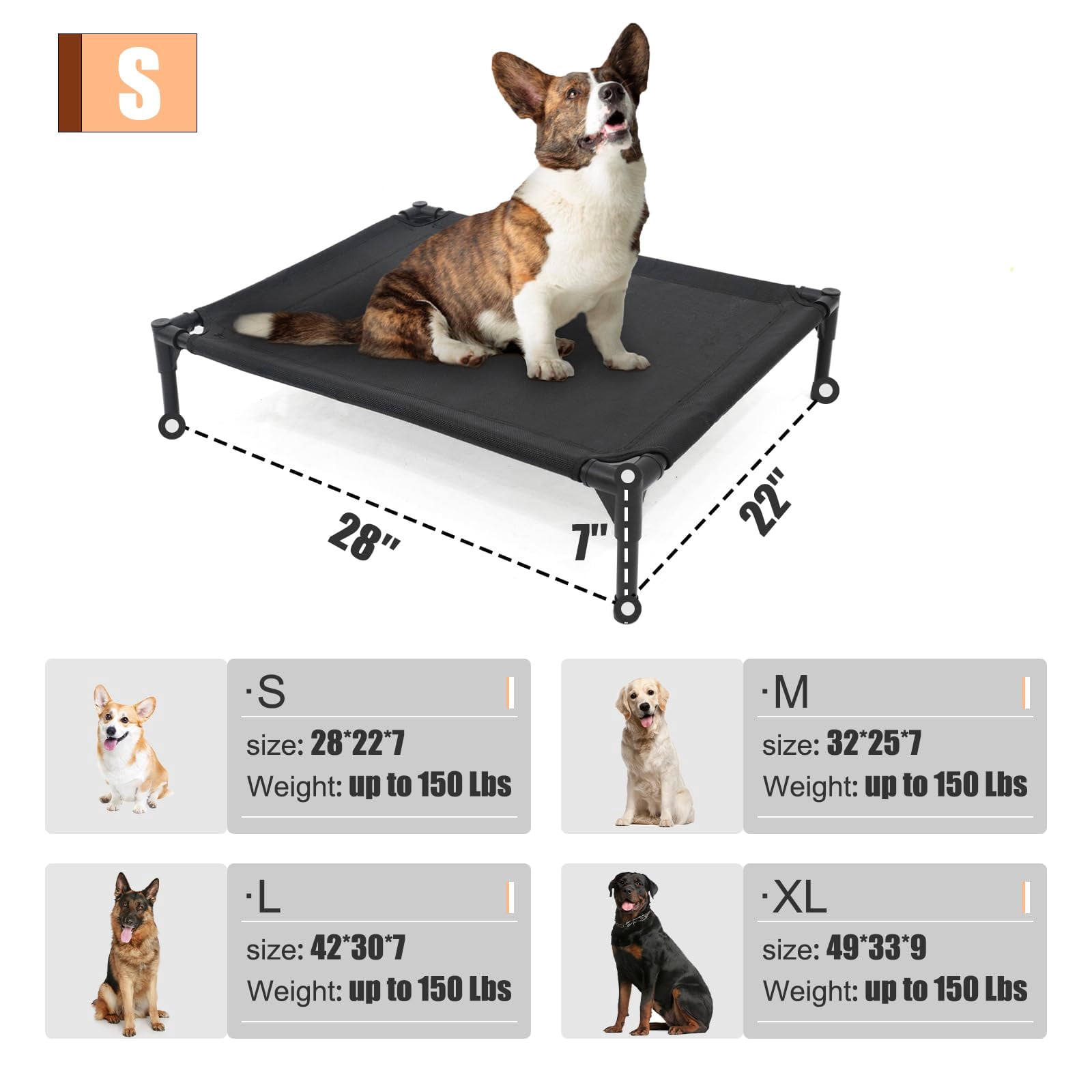 Elevated Dog Bed - Raised Fits Up To 150 Lbs  Heavy Duty Pet With Durable Supportive Mesh Indoor & Outdoor Dark Grey