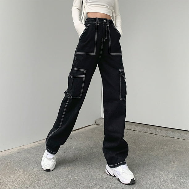Casual Style Women Jeans with Fashionable Full Length Trouser Side Pockets Party Wide Leg Pants Spring Autumn Trousers Streetwear Summer Birthday Gift