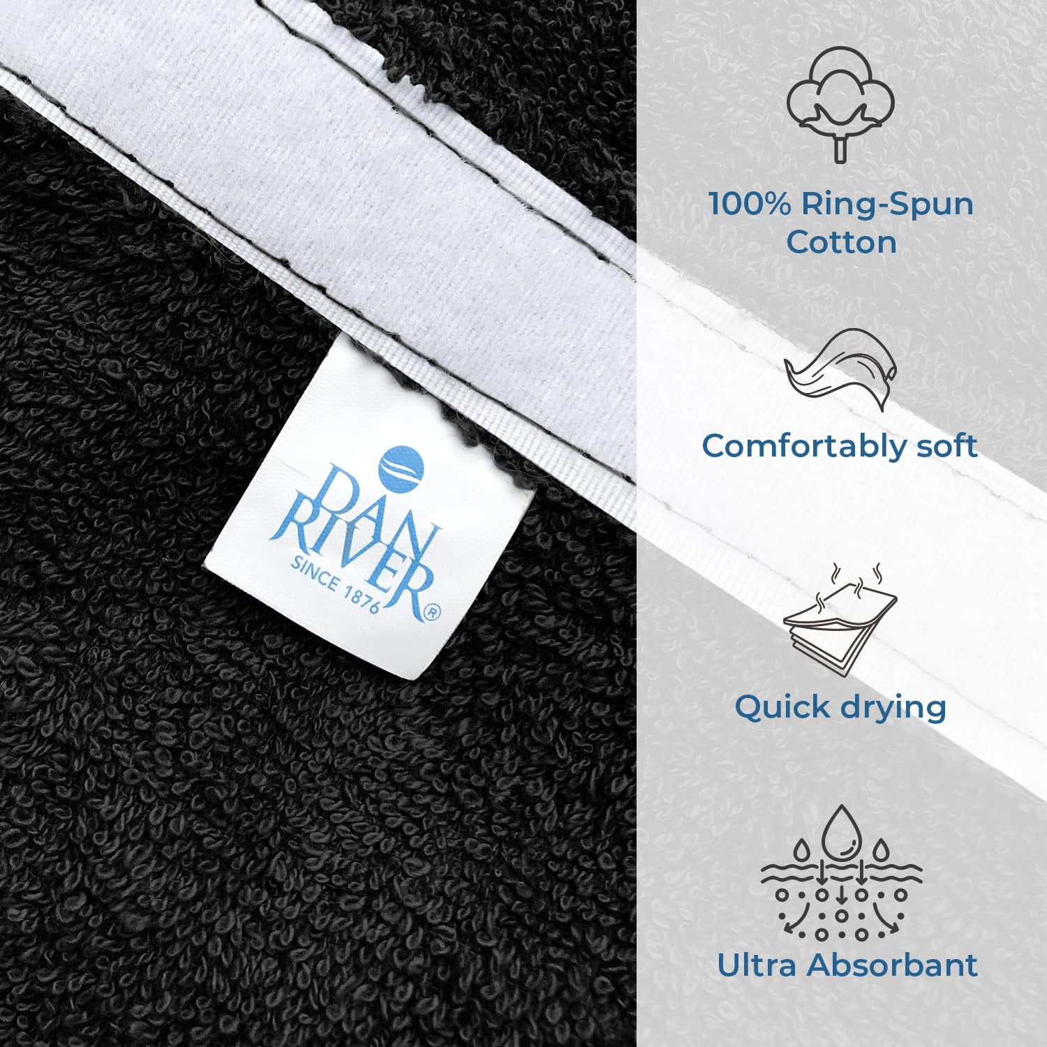 Dan River Shower Wrap With Pocket Pack of 1 Lightweight Terry Cotton Bath Towel Wrap - Black, 32X60in