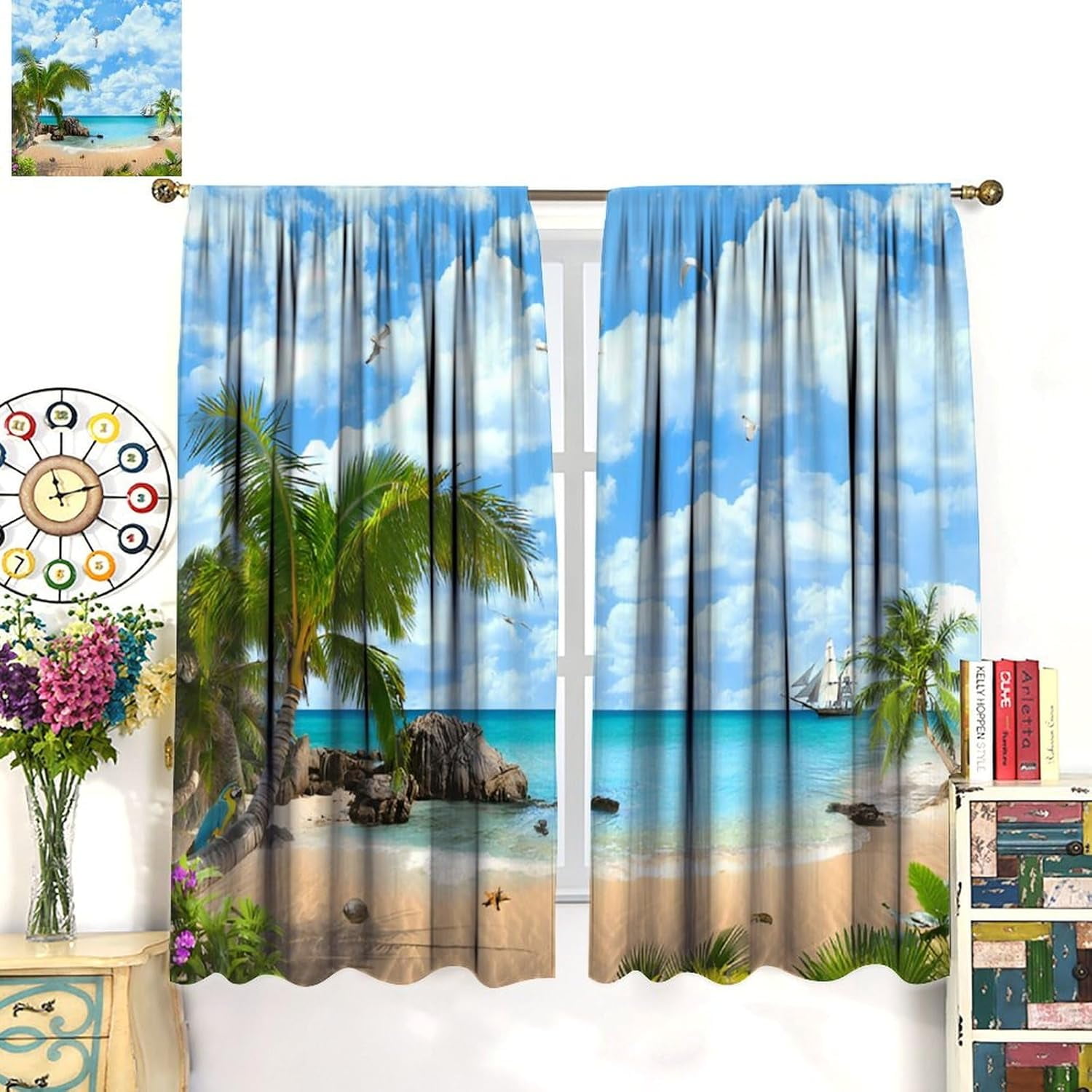 Summer Beach Curtains, Tropical Island Coastal Landscape Ocean Plam Trees Blue Sky Seaside Scene Blackout Window Curtains for Cafe Kitchen Bedroom Bathroom, 84" W X 84" L