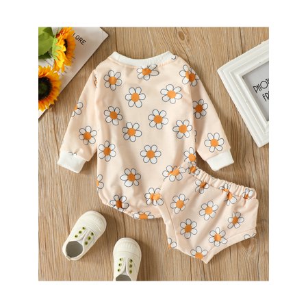 

Bmnmsl Baby Set Flower Pattern Long Sleeve Round Neck Romper Triangle Shorts