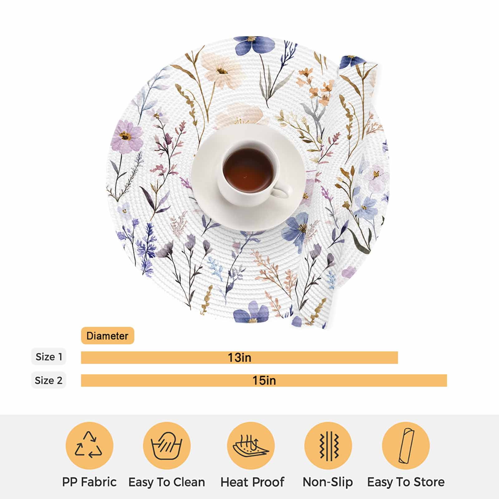 Round Woven Placemats set of 4, Watercolor Blue Purple Flowers Washable&Heat Resistant Plastic Wipeable Placemats for Round Table Botanical Kitchen Dining Table Decor, 13in,