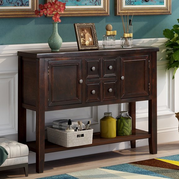 Buffet Sideboard Table, 46" Console Table with 4 Drawers and Cabinets, 1 Storage Shelf, Solid Wood Espresso Contemporary Sofa Table