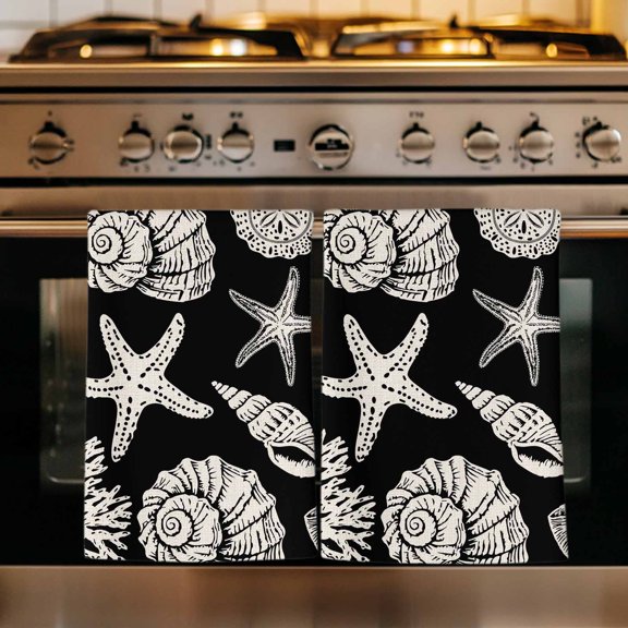 Black Starfish Coastal Kitchen Towels Set of 1, Shell Coral Summer Beach Nautical Ocean Absorbent Dish Towels for Kitchen, Microfiber Hand Towel, Quick Drying Tea Towel for Cleaning Dishcloths