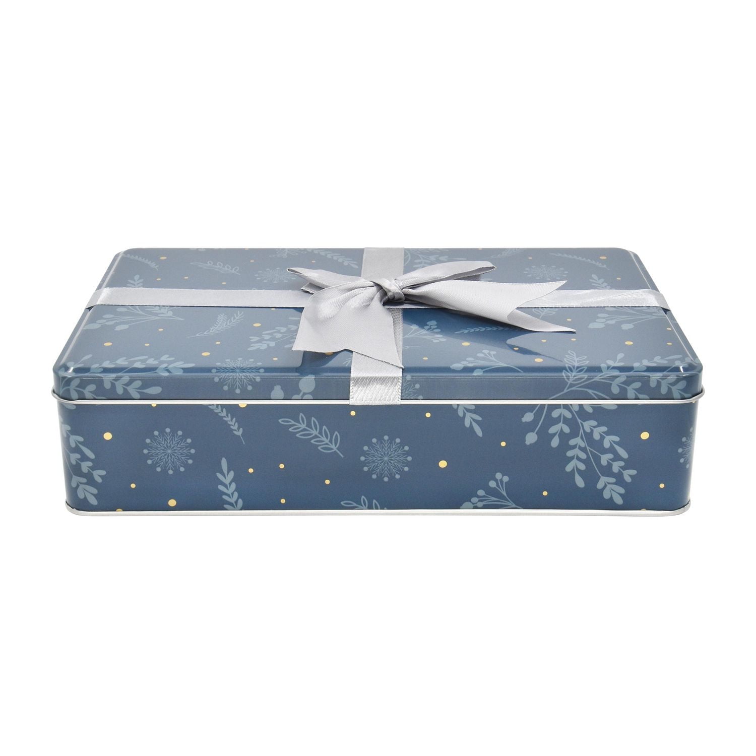 Holiday Time Christmas Blue Botanical Bow Rectangular Tin Gift Container Large, 10.2 x 6.3 x 2.5 inches, 1 count