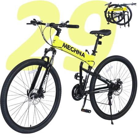 29 Inch Folding Mountain Bike 21 Speed Mountain Bike Suspension Folding Bicycle Aluminium Alloy Frame Double Disc Brake MTB Bicycles for Adults Men Women Yellow