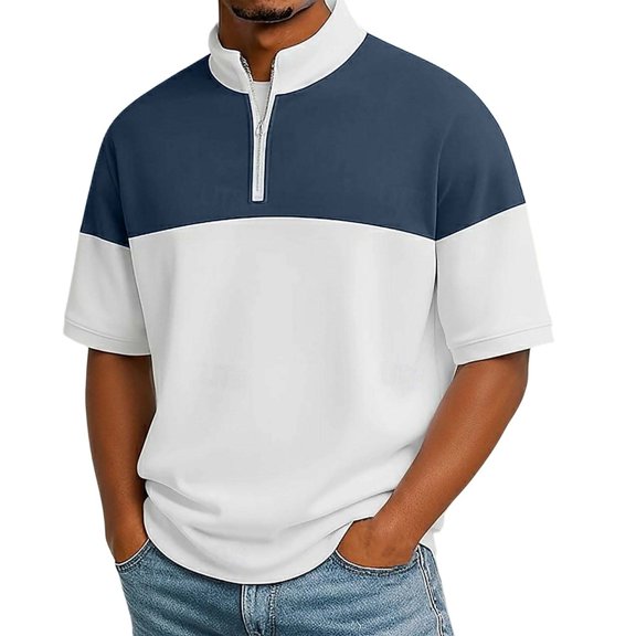 USNSM Mens Quarter Zip Pullover Color Block Mock Neck Short Sleeve Sweatshirt Moisture Wicking Lightweight Golf Shirts Blue M