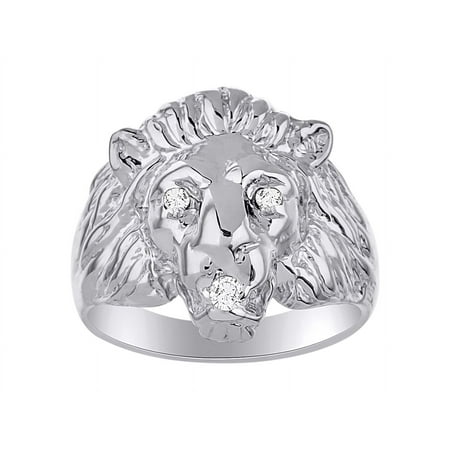 RYLOS 14K White Gold Lion Head Ring; Gemstones in Eyes and Mouth Fun Designer Rings For Men Diamond Jewelry Size 6